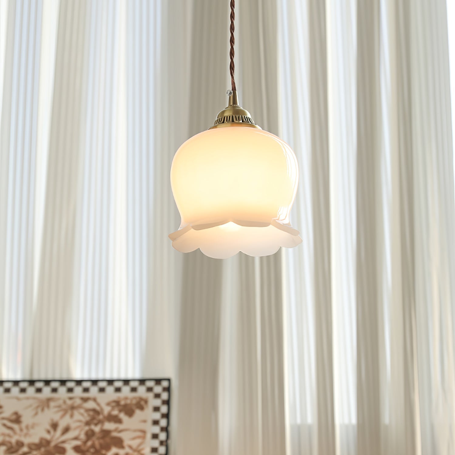 Hanglamp Vintage met Bloemvormige Glazen Kap en Messing Fitting