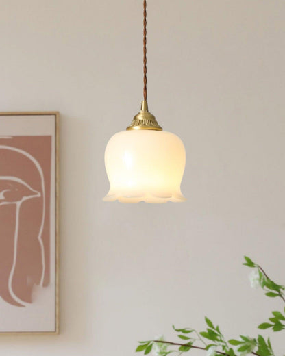Hanglamp Vintage met Bloemvormige Glazen Kap en Messing Fitting