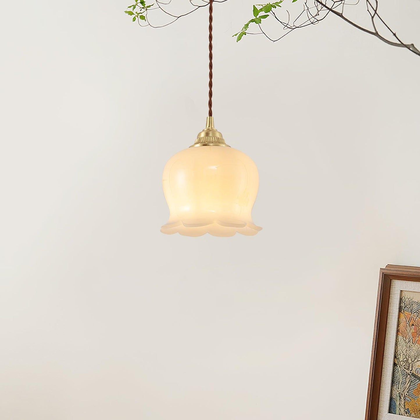 Hanglamp Vintage met Bloemvormige Glazen Kap en Messing Fitting