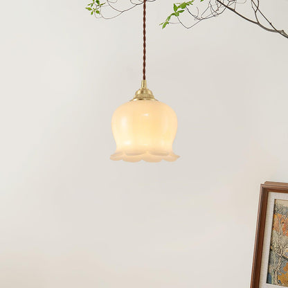 Hanglamp Vintage met Bloemvormige Glazen Kap en Messing Fitting