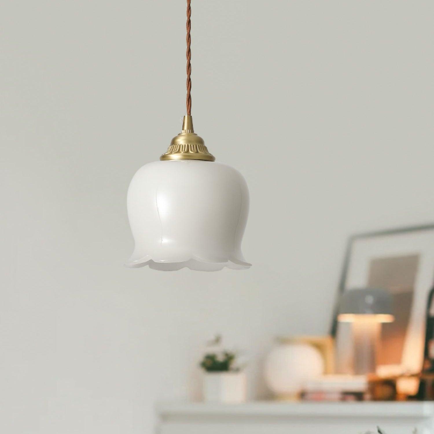 Hanglamp Vintage met Bloemvormige Glazen Kap en Messing Fitting