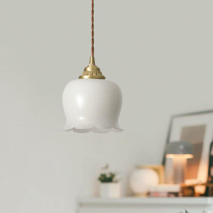 Hanglamp Vintage met Bloemvormige Glazen Kap en Messing Fitting