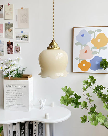 Hanglamp Vintage met Bloemvormige Glazen Kap en Messing Fitting