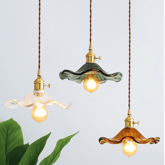 Hanglamp Vintage met Bloemvormige Glazen Kap en Messing Fitting