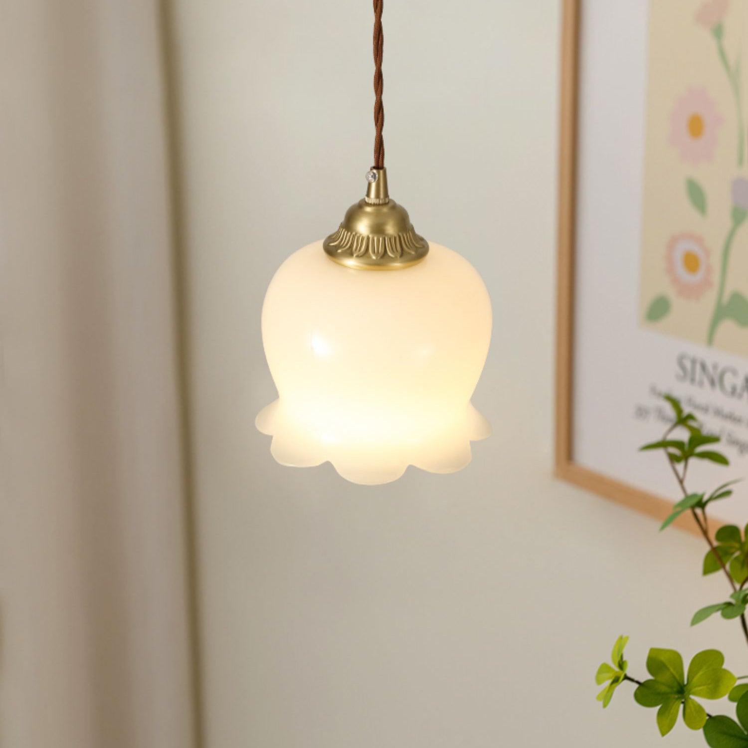 Hanglamp Vintage met Bloemvormige Glazen Kap en Messing Fitting