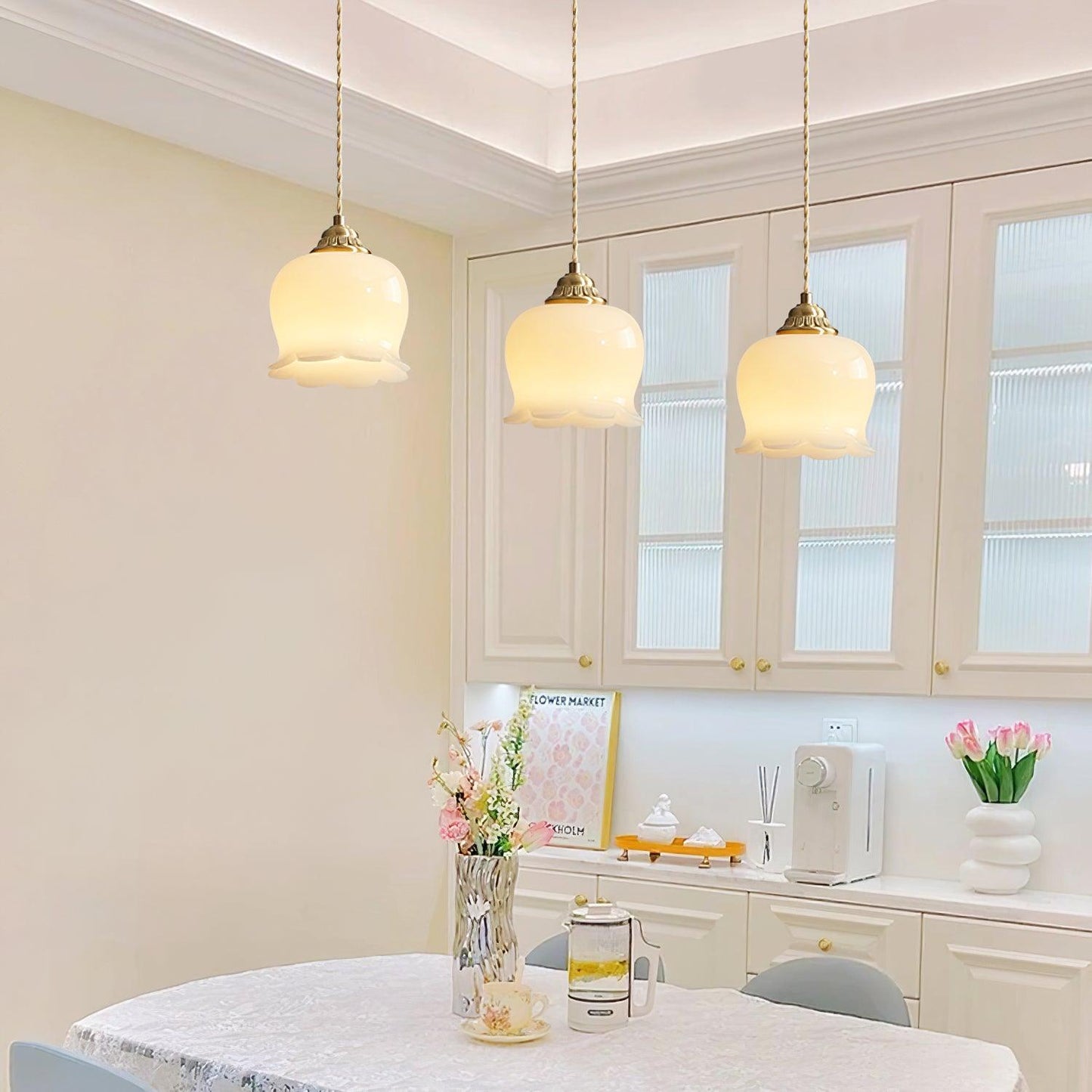 Hanglamp Vintage met Bloemvormige Glazen Kap en Messing Fitting