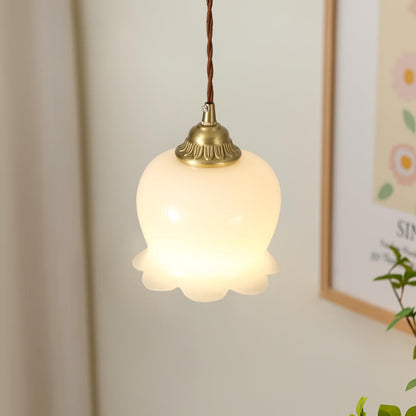 Hanglamp Vintage met Bloemvormige Glazen Kap en Messing Fitting
