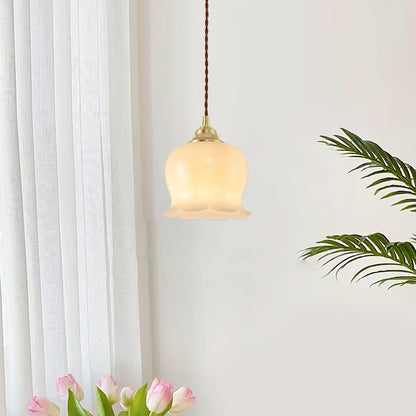 Hanglamp Vintage met Bloemvormige Glazen Kap en Messing Fitting