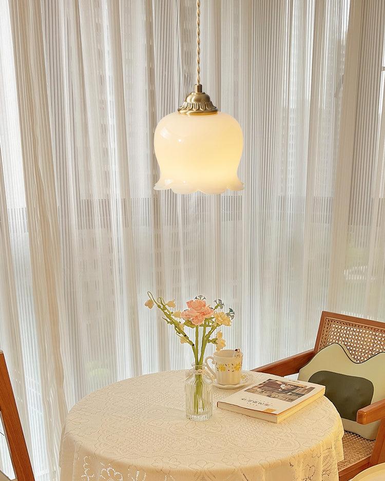 Hanglamp Vintage met Bloemvormige Glazen Kap en Messing Fitting