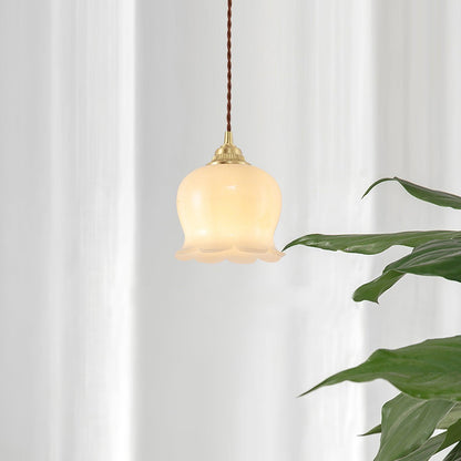 Hanglamp Vintage met Bloemvormige Glazen Kap en Messing Fitting