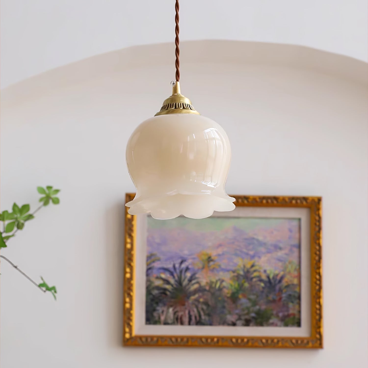 Hanglamp Vintage met Bloemvormige Glazen Kap en Messing Fitting