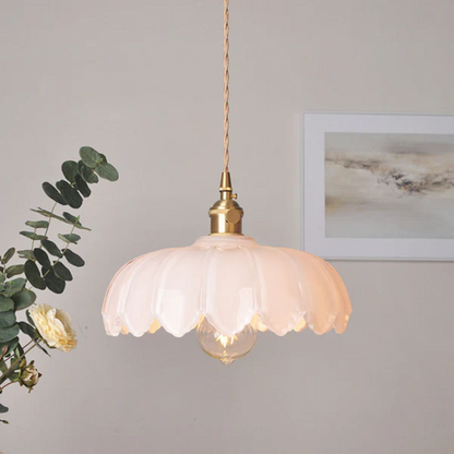 Hanglamp Vintage met Bloemvormige Glazen Kap en Messing Fitting