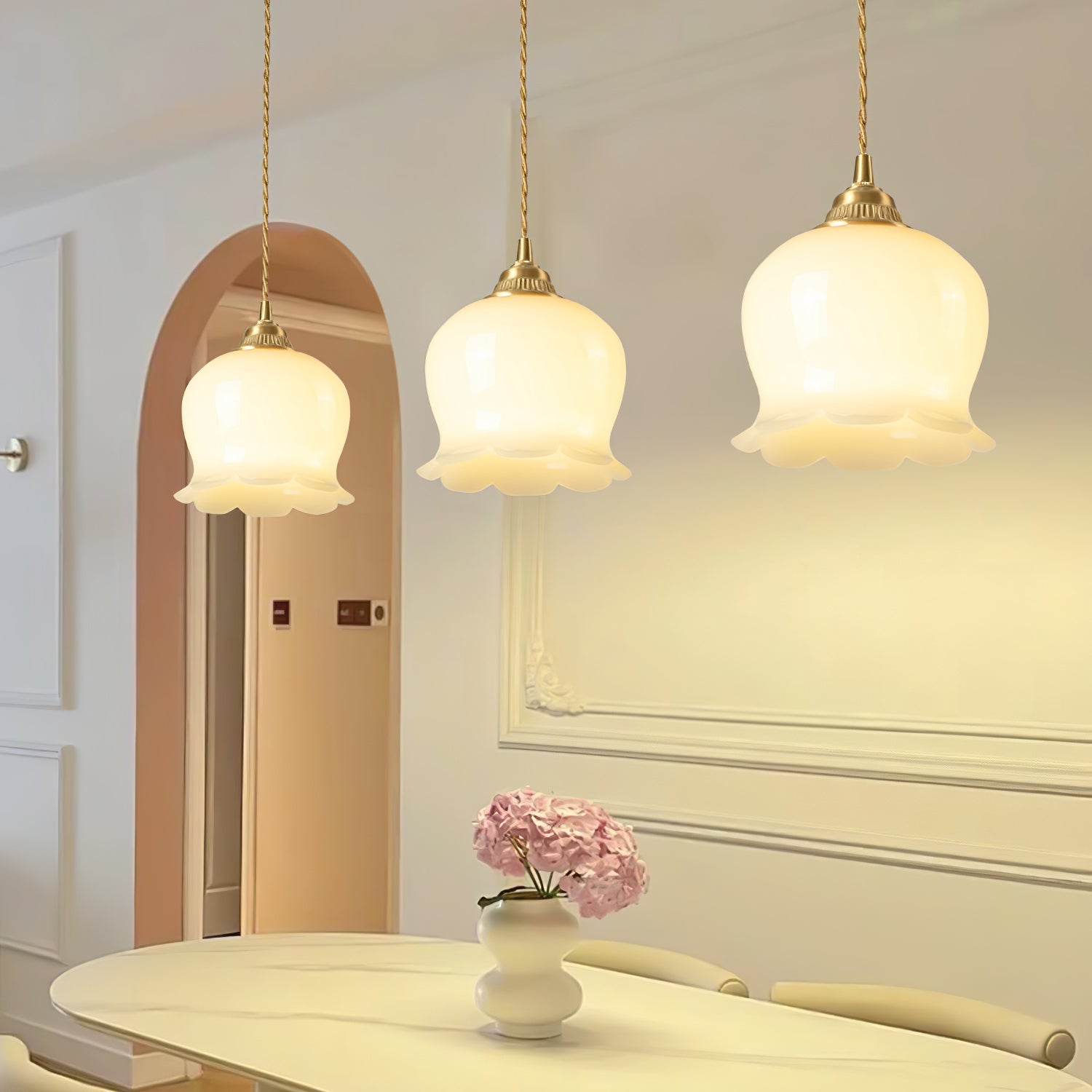 Hanglamp Vintage met Bloemvormige Glazen Kap en Messing Fitting