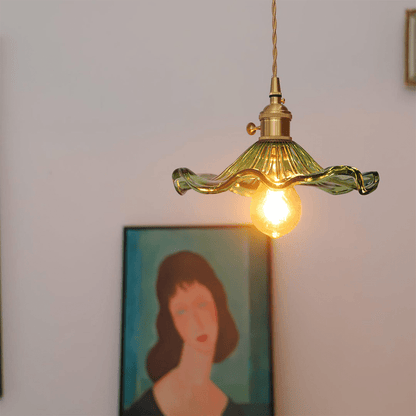 Hanglamp Vintage met Bloemvormige Glazen Kap en Messing Fitting