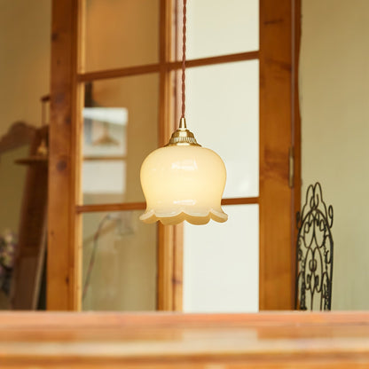 Hanglamp Vintage met Bloemvormige Glazen Kap en Messing Fitting