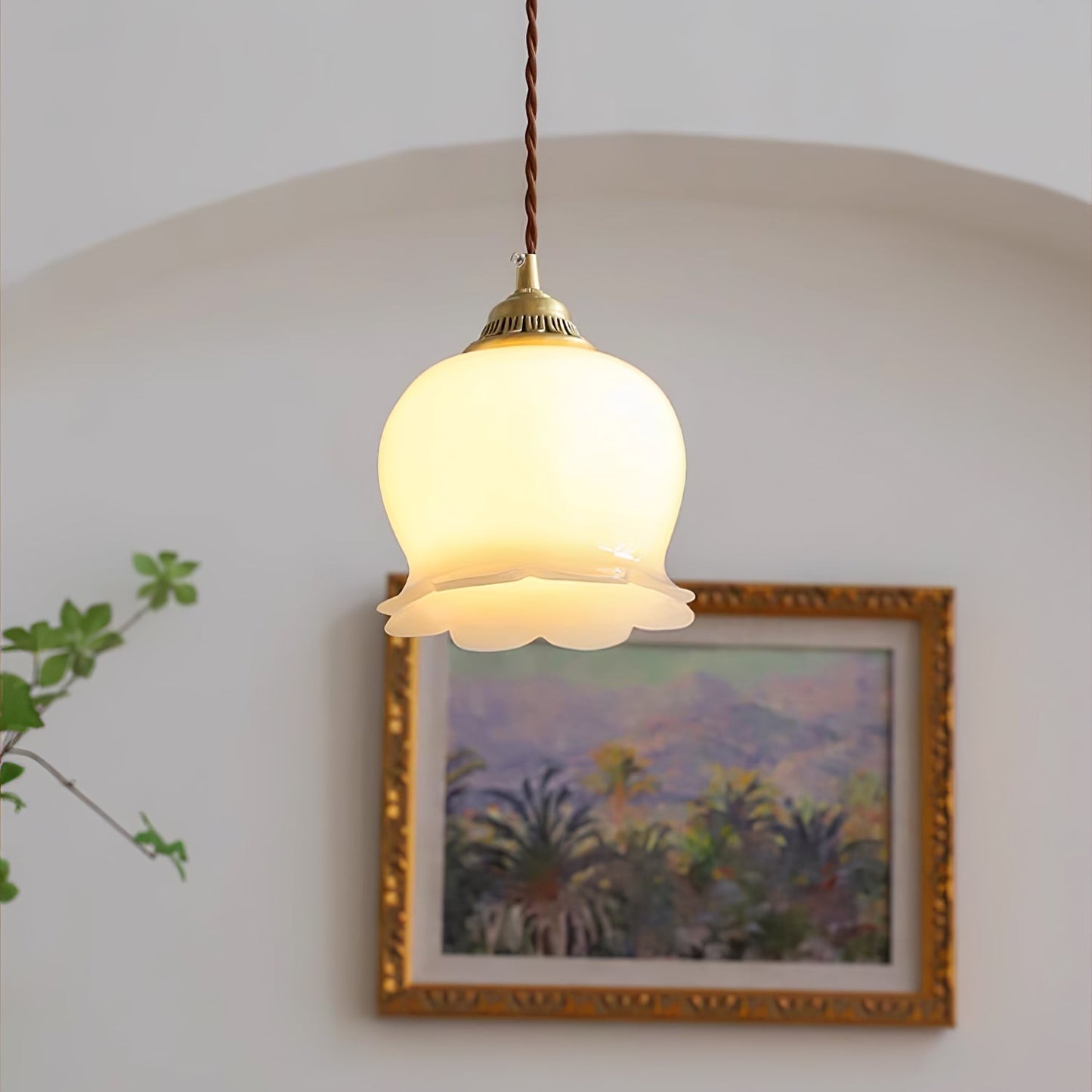 Hanglamp Vintage met Bloemvormige Glazen Kap en Messing Fitting