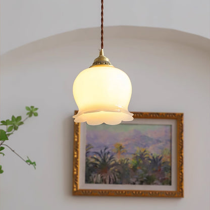 Hanglamp Vintage met Bloemvormige Glazen Kap en Messing Fitting