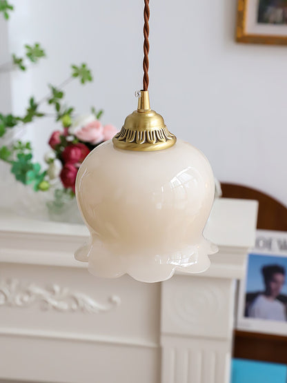 Hanglamp Vintage met Bloemvormige Glazen Kap en Messing Fitting