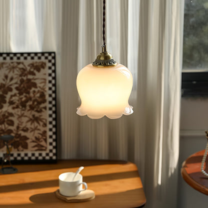 Hanglamp Vintage met Bloemvormige Glazen Kap en Messing Fitting