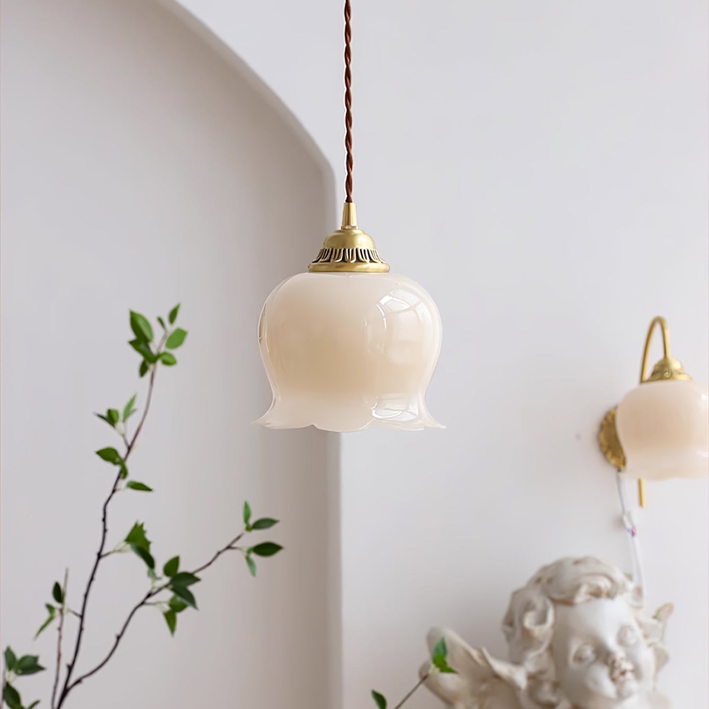 Hanglamp Vintage met Bloemvormige Glazen Kap en Messing Fitting