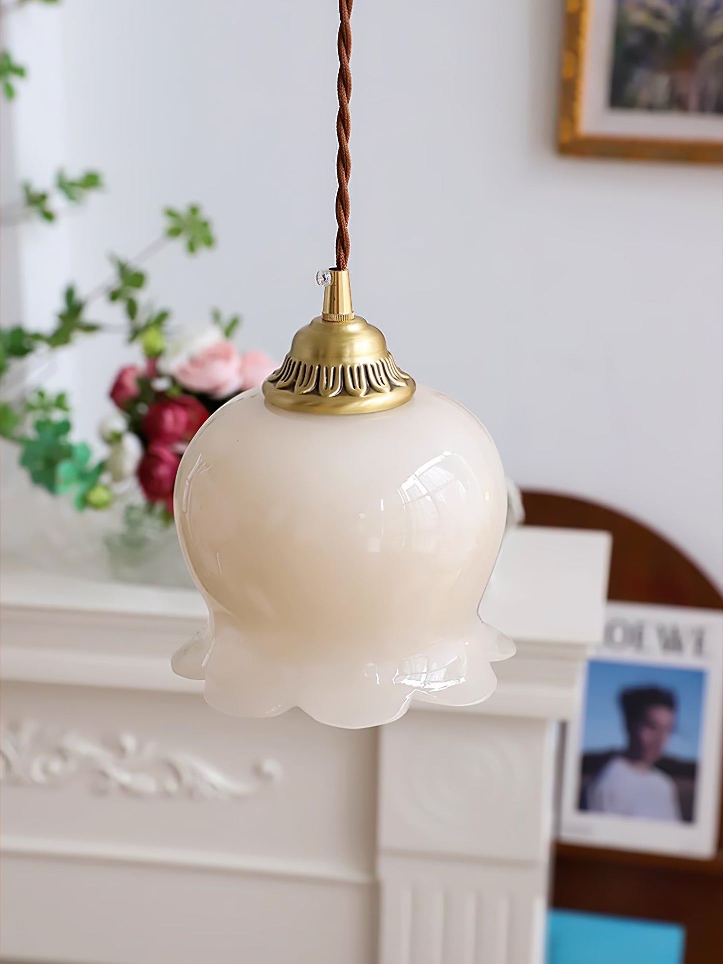 Hanglamp Vintage met Bloemvormige Glazen Kap en Messing Fitting