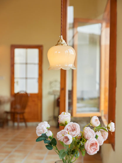 Hanglamp Vintage met Bloemvormige Glazen Kap en Messing Fitting