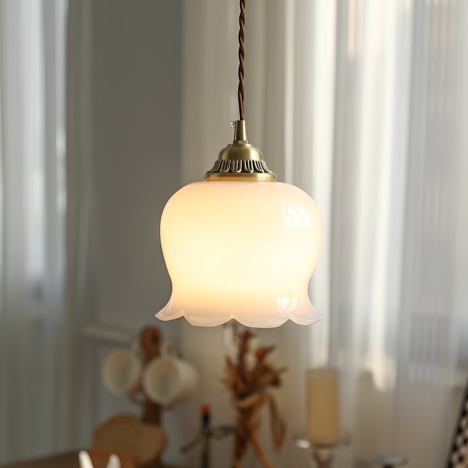 Hanglamp Vintage met Bloemvormige Glazen Kap en Messing Fitting