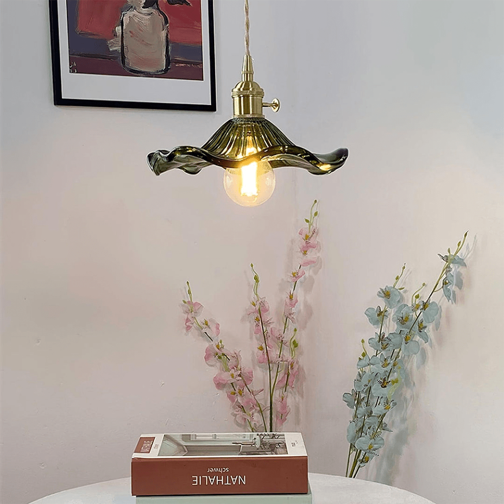 Hanglamp Vintage met Bloemvormige Glazen Kap en Messing Fitting