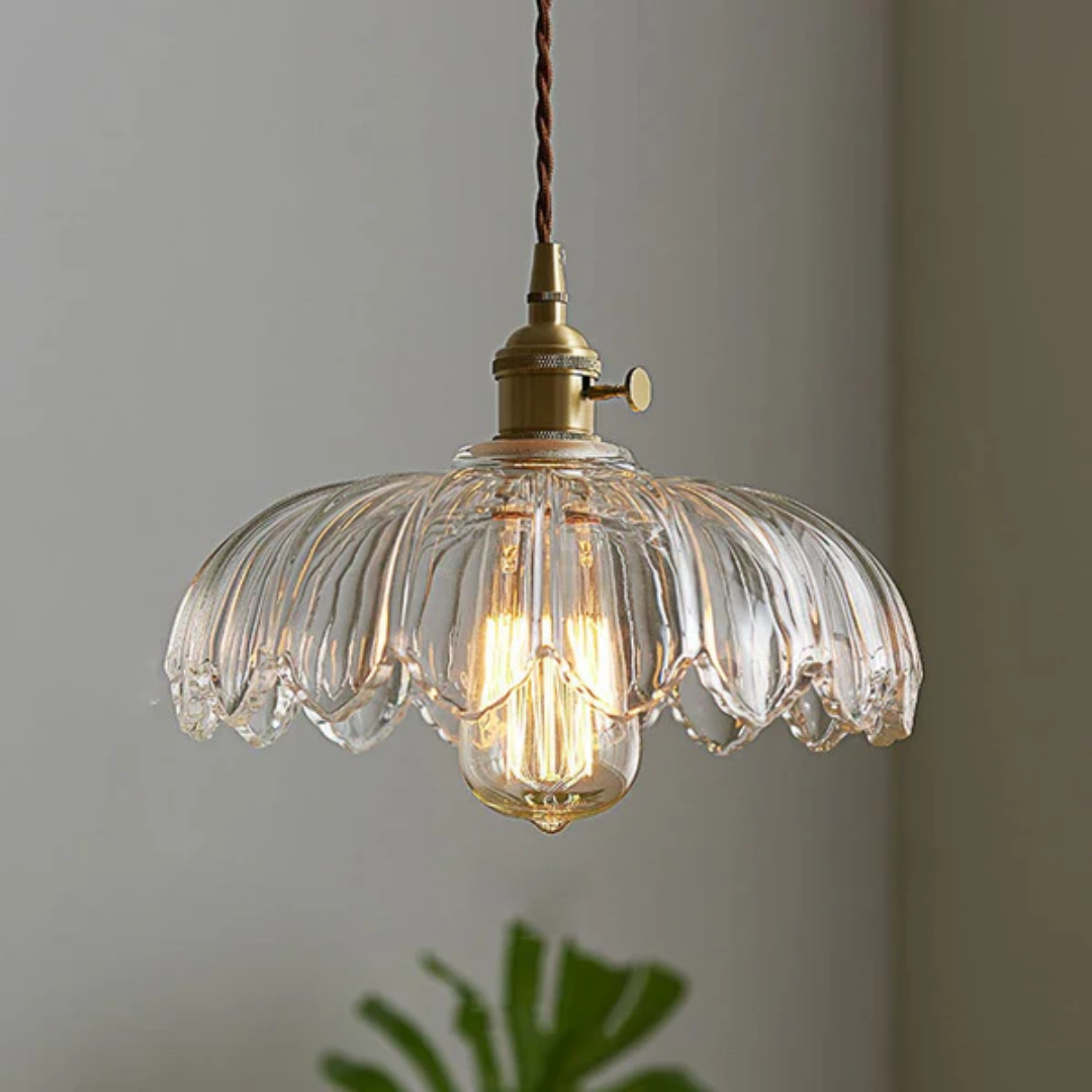 Hanglamp Vintage met Bloemvormige Glazen Kap en Messing Fitting