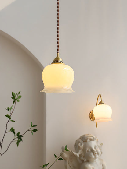 Hanglamp Vintage met Bloemvormige Glazen Kap en Messing Fitting