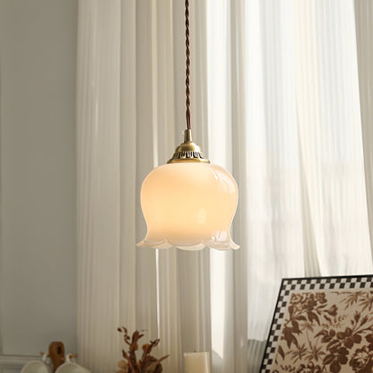 Hanglamp Vintage met Bloemvormige Glazen Kap en Messing Fitting