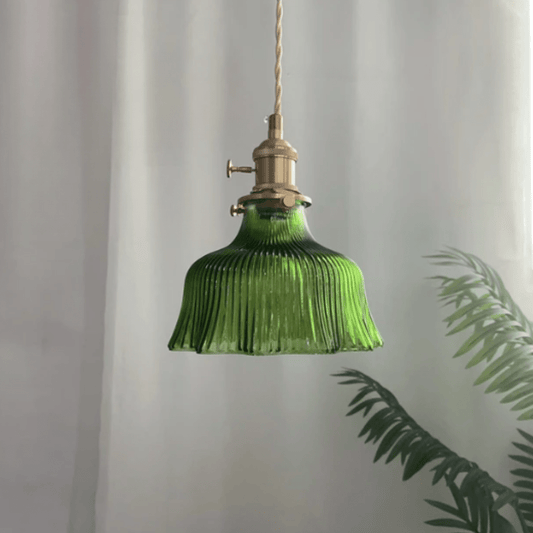 Hanglamp Vintage Retro met Geribbelde Glazen Kap en Messing Fitting