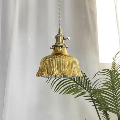 Hanglamp Vintage Retro met Geribbelde Glazen Kap en Messing Fitting
