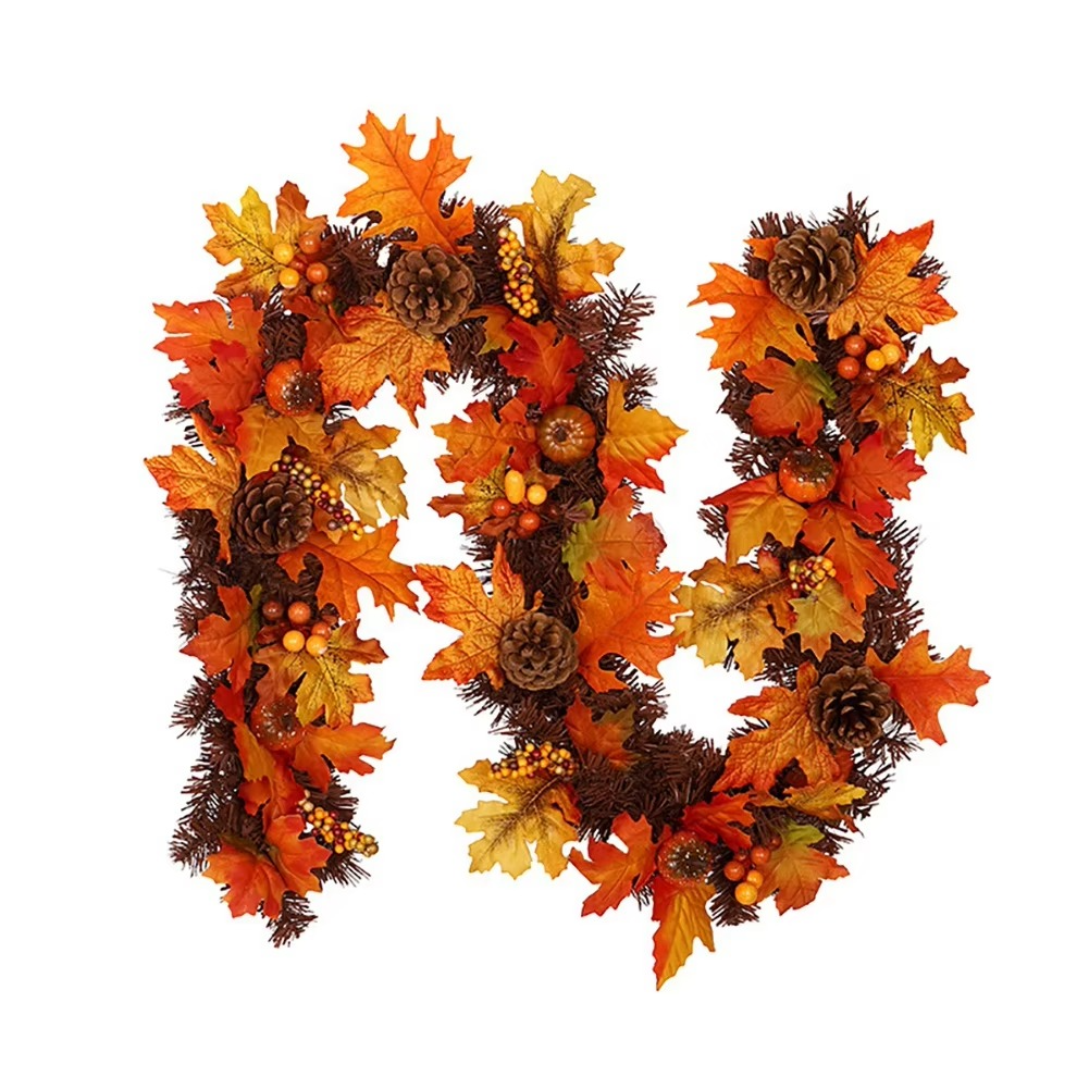 Herfstslinger met Esdoornbladeren, Dennenappels en Pompoenen met Optionele LED-verlichting
