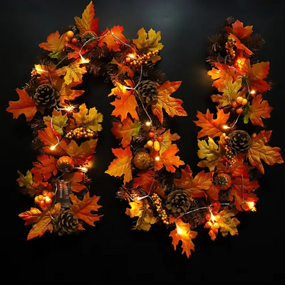 Herfstslinger met Esdoornbladeren, Dennenappels en Pompoenen met Optionele LED-verlichting