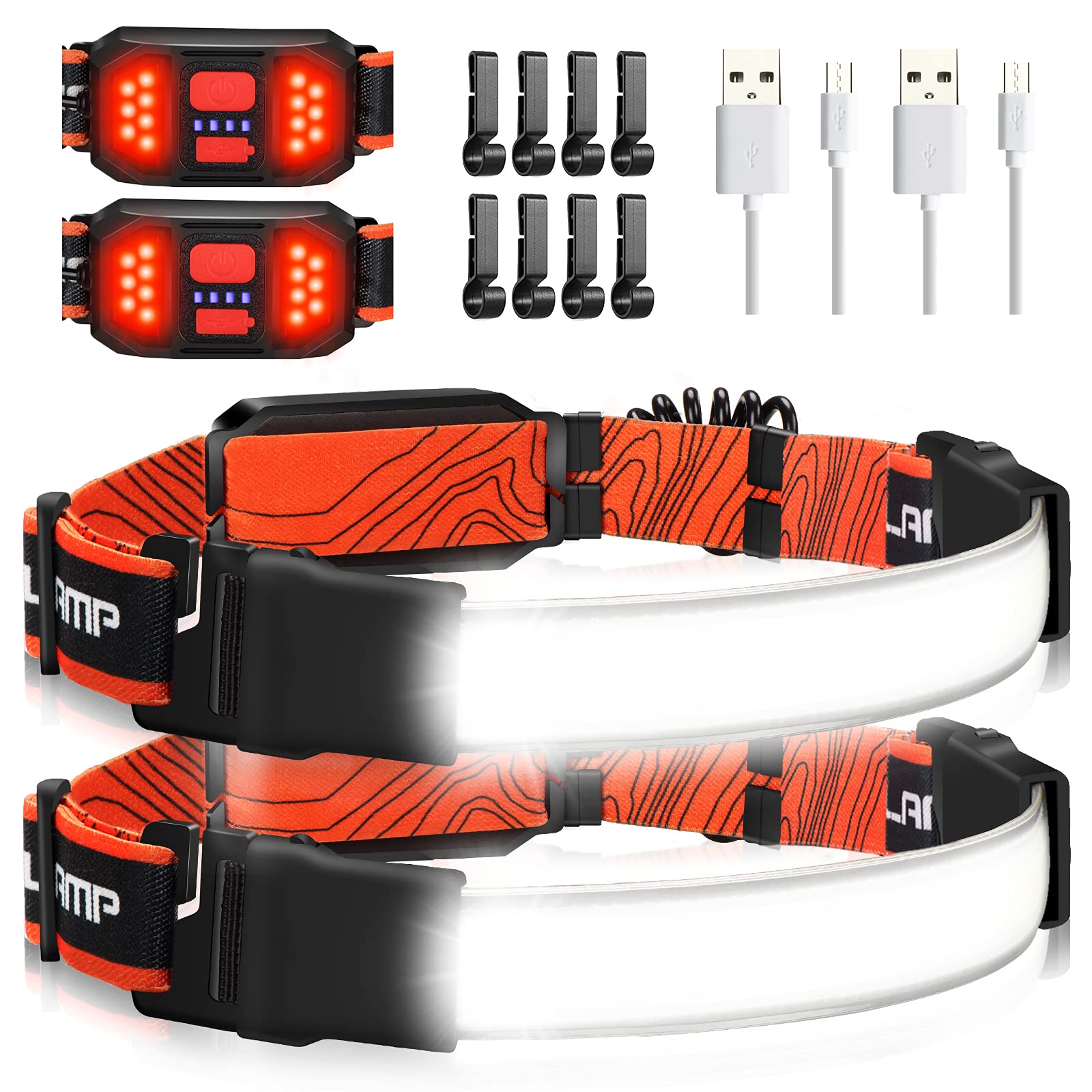 Hoofdlamp COB LED 230° Panoramisch met Rood Achterlicht en USB Oplaadbaar – 2 Stuks