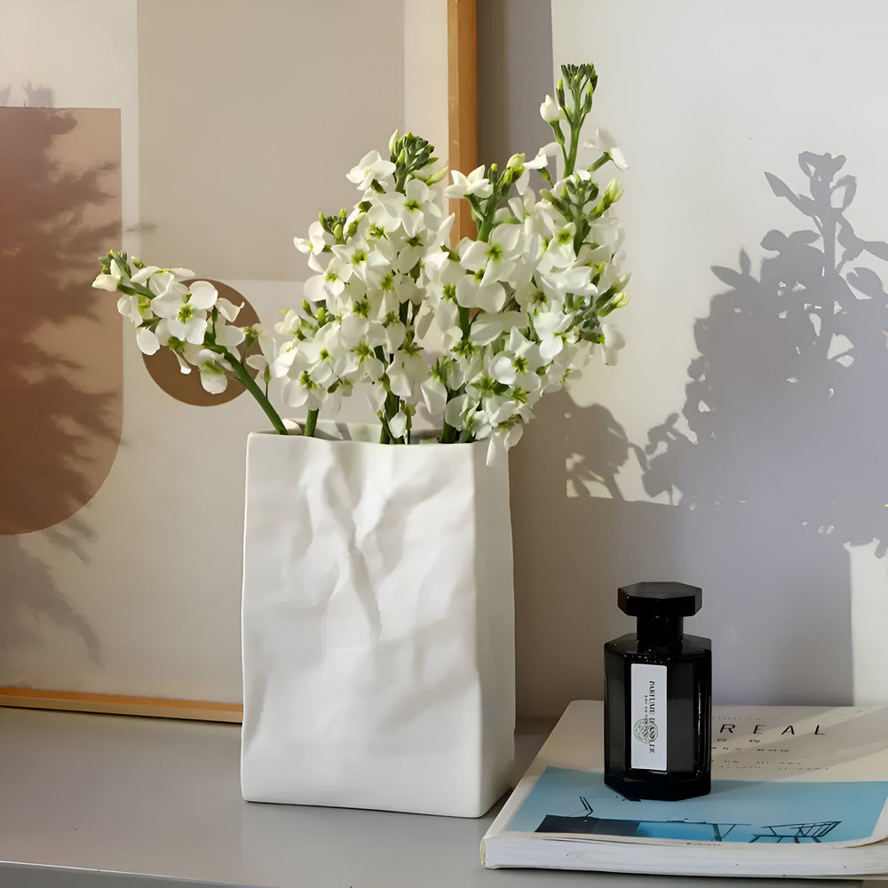 Keramische Vaas met Verfrommeld Papierzak Design voor Bloemen en Droogbloemen
