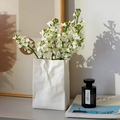 Keramische Vaas met Verfrommeld Papierzak Design voor Bloemen en Droogbloemen