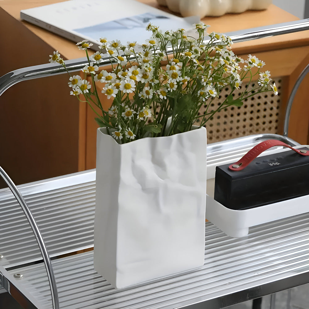 Keramische Vaas met Verfrommeld Papierzak Design voor Bloemen en Droogbloemen