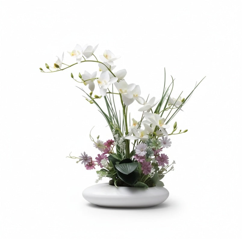 Kunstbloemen Orchidee Arrangement in Keramische Schaal met Japanse Ikebana Stijl