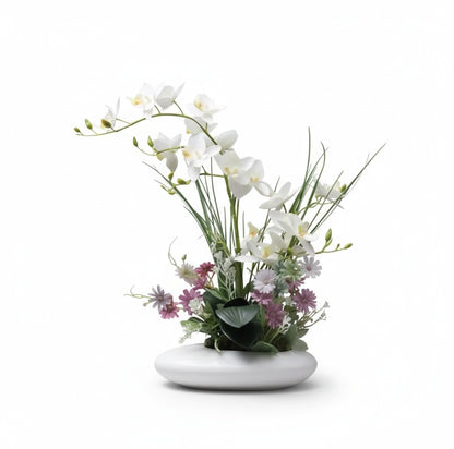 Kunstbloemen Orchidee Arrangement in Keramische Schaal met Japanse Ikebana Stijl