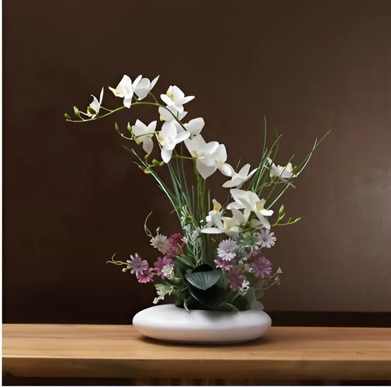 Kunstbloemen Orchidee Arrangement in Keramische Schaal met Japanse Ikebana Stijl