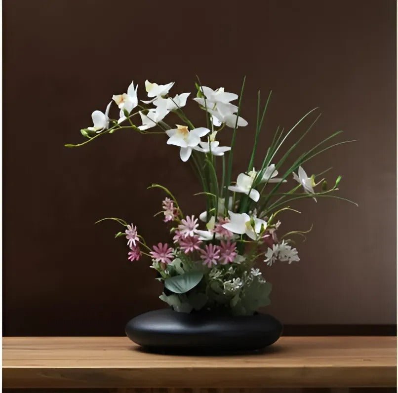 Kunstbloemen Orchidee Arrangement in Keramische Schaal met Japanse Ikebana Stijl