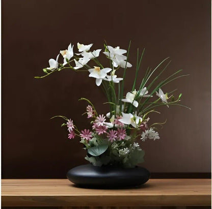 Kunstbloemen Orchidee Arrangement in Keramische Schaal met Japanse Ikebana Stijl