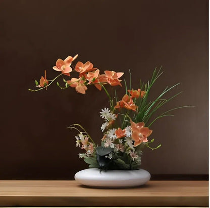 Kunstbloemen Orchidee Arrangement in Keramische Schaal met Japanse Ikebana Stijl