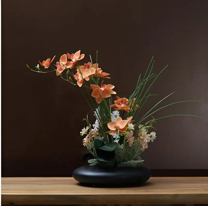 Kunstbloemen Orchidee Arrangement in Keramische Schaal met Japanse Ikebana Stijl