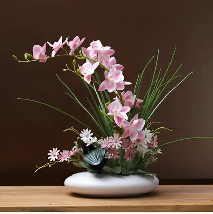 Kunstbloemen Orchidee Arrangement in Keramische Schaal met Japanse Ikebana Stijl