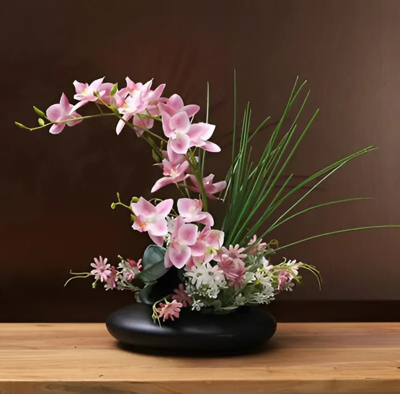 Kunstbloemen Orchidee Arrangement in Keramische Schaal met Japanse Ikebana Stijl