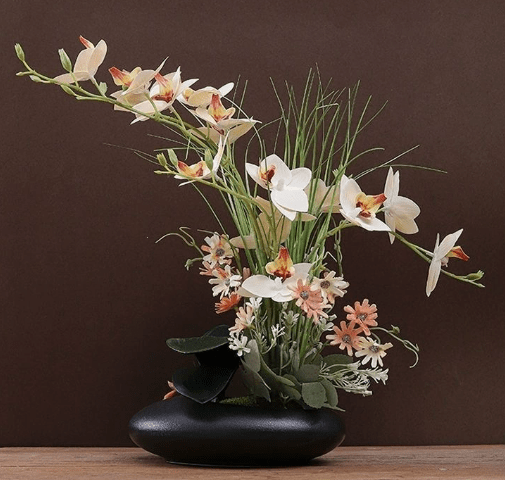 Kunstbloemen Orchidee Arrangement in Keramische Schaal met Japanse Ikebana Stijl