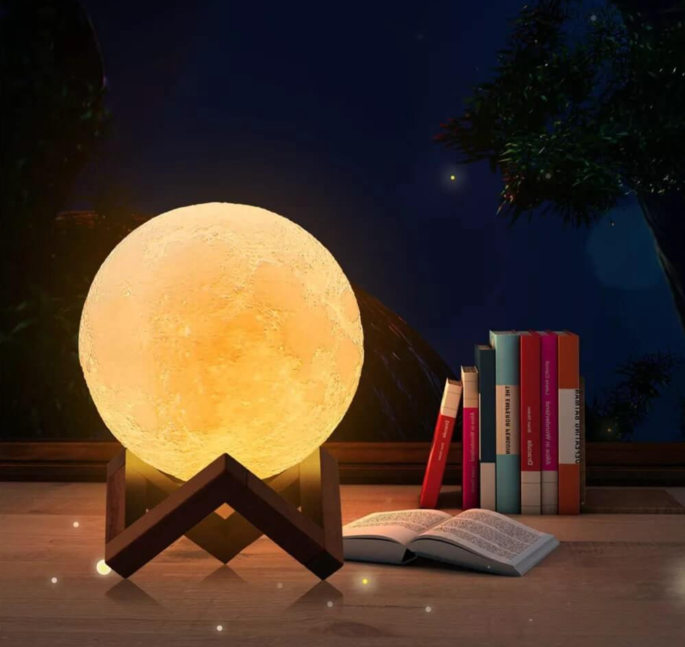 LED Maanlamp met Houten Standaard, 16 Kleuren en Afstandsbediening